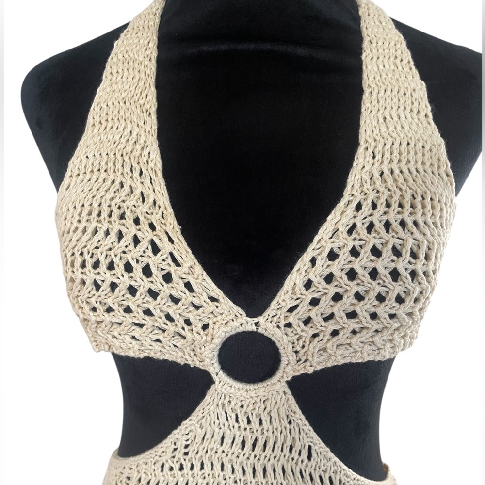 Resort,Vacation,Beach Tan crochet ring cut-out sweater dress,halter,tie,Large - Picture 7 of 8